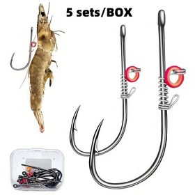 Resim 5 set/kutu Karışık Renkli Karbon Çelik Jig Kancası, Asılı Canlı Karides Sırt Kancası, Canlı Karides Sabit Kancası, Lastik Bantlı Asılı Canlı Karides Pense Yaylı Yem, Canlı Karides İçin 