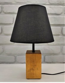 Resim Teak Rengi Ahşap Kütük Ayaklı Siyah Kumaş Şapkalı Abajur Kahverengi 