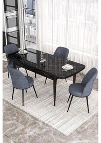 Resim Canisa Kor Serisi 70x114 Açılabilir Mutfak Masası Takımı Siyah Mermer Desen Masa 4 Füme Sandalye Masa Siyah Mermer Desen Sandalye Füme 