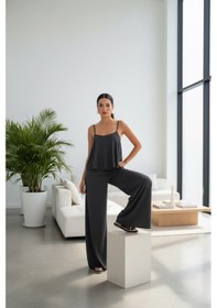 Resim Kadın İp Askılı İp Askılı Bluz Pantolon Füme Takım 