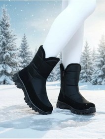 Resim Dayanıklı Kaymaz Taban Su Geçirmez Ortopedik Esnek Fermuarlı Kadın Günlük Kar Botu Sİyah 
