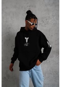 Resim Erkek 3 İplik Pamuklu Kapüşonlu Kanguru Cepli Baskılı Oversize Hoodie Sweatshirt - Siyah Siyah 