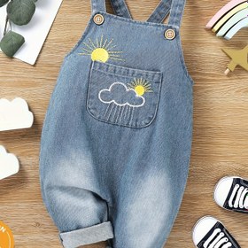 Resim Küçük Erkekler için Sevimli Bulut ve Güneş Nakışlı Kot Tulum - Ayarlanabilir Askılar, Elastik Manşetler, Açık Mavi Yıkanmış Kot Tulum, Bahar/Yaz için Mükemmel, Dış Mekan ve Günlük Kıyafetler için Mükemmel, Küçük Erkek Giysileri, Dış Mekan için Mükemmel 