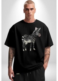 Resim Zürafa Pamuklu Bisiklet Yaka Unisex Oversize Boyfriend Dijital Baskılı Siyah T-shirt Siyah 