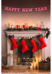 Resim Pembe Happy New Year Yazılı Banner, Özel Gün, Davet Organizasyonu ,yeni Yıl, Yılbaşı Sofrası, Simli Eva Banner 