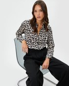 Resim Saten Gömlek Leopar Desenli Cepli Düğmeli Uzun Kollu 