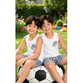Resim NiCe İç Giyim Futbol Temalı Erkek Çocuk Beyaz & Mavi Atlet & Şort Yumuşak Pamuklu Penye Trend Pijama Takım 