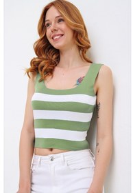 Resim As Collection Yeşil Kalın Askılı Kare Yaka Çizgili Kadın Bluz 001 