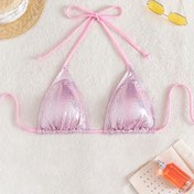 Resim Kadınların Pembe Parlak Halter Boyun Bikini Üstü, Sevimli Yaz Plaj Bikini Seti, Polyester %95 Elastan %5, Yüksek Esneklikli Örgü Kumaş, Düz Renk, Kolsuz, Bağcıklı Detay, 200g/m² - Plaj ve Sıcak Çamurlar için İdeal 