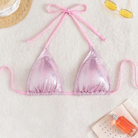 Resim Kadınların Pembe Parlak Halter Boyun Bikini Üstü, Sevimli Yaz Plaj Bikini Seti, Polyester %95 Elastan %5, Yüksek Esneklikli Örgü Kumaş, Düz Renk, Kolsuz, Bağcıklı Detay, 200g/m² - Plaj ve Sıcak Çamurlar için İdeal 