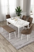 Resim Canisa Eta Serisi 80x132 Açılabilir MDF Mutfak Masası Takımı Barok Desen Masa 4 Kahverengi Sandalye 1 Bench 