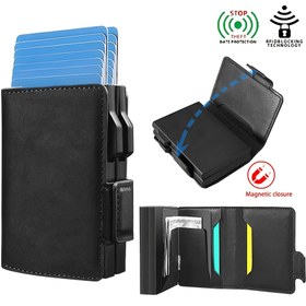 Resim 2025 Yeni Büyük Kapasiteli Çift Katmanlı RFID Engelleme Koruma Sihirli Cüzdan Erkek Kartlık Kılıfı 