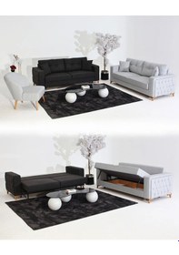 Resim Nola Koltuk Takımı 3+3+1+1 & Bazalı Yataklı Koltuk & Kanepe - Keten Antrasit-gri 