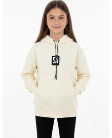 Resim Kapüşonlu Art Baskılı Kanguru Cepli Kız Çocuk Sweatshirt-90849 Krem 