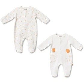 Resim Babycosy Organic Wear %100 Organik Pamuk,2 Li Patikli Bebek Tulum Yenidoğan Uzun Kollu Çıtçıtlı Tulum Seti Unisex Bebek Ekru 