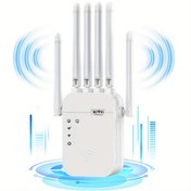 Resim WiFi Genişletici, WiFi Güçlendirici 6 Kat Daha Güçlü 1200Mbps, 9000+ Metrekare, 35 Cihaz, 2 Mod, 1 Dokunuş Ayarı, 6 Anten 360° Tam Kapsama, Ethernet Bağlantı Noktası Desteği, Güç Kaynağıyla Birlikte, 220V-240V, Avrupa Standart Fiş, Pil Gerektirmez 