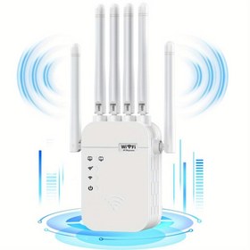 Resim WiFi Genişletici, WiFi Güçlendirici 6 Kat Daha Güçlü 1200Mbps, 9000+ Metrekare, 35 Cihaz, 2 Mod, 1 Dokunuş Ayarı, 6 Anten 360° Tam Kapsama, Ethernet Bağlantı Noktası Desteği, Güç Kaynağıyla Birlikte, 220V-240V, Avrupa Standart Fiş, Pil Gerektirmez 