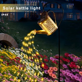 Resim Solar-Powered LED Sulama Kova Işıkları, Shepherd'S Hook, Metal Hollow Kettle Bakır Tel Lamba, IP44 Flashing Garden Pendant Işıkları, Bahçe, Çim, Yürüyüş Yolu, Tatil Peyzaj Dekorasyon Aydınlatması, Açık Sulama Kova Işığı 