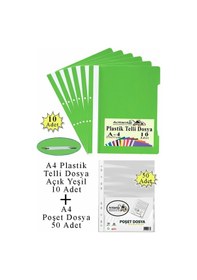 Resim Telli Dosya Plastik A4 10 Lu Ve Poşet Dosya 50 Li 1 Paket Ekonomik Kaliteli Şeffaf Kapak Telli Dosya Okul Büro Ofis Açık Yeşil 