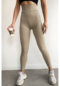 Resim Bonbonetti Chocolate Baby & Kids Fitilli Seamless Çizgili Tayt Yüksek Bel Dayanıklı Örme Kumaş Spor Tayt Toparlayıcı Bej 