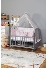 Resim Ahşap Beşik Anne Yanı Beşik Gri 60x120 - Pembe Nakış Uyku Seti + Yatak + Tekerlekli Gri 