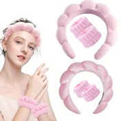 Resim 3lü Sevimli Başlık Seti ile Bileklik Seti, 3lü Sevimli Şirin Stil Polyester Başlık Seti, Düz Renkli Çiçek Süslemeli Saç Bantları, 2 Bileklik ile, SPA, Yüz Yıkama, Makyaj, Doğum Günü Hediyesi için - Tüy Yok 