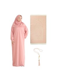 Resim Namaz Elbisesi Eşarp Seccade Tesbih Set, İslami Giyim Takım Ferace Turban Şal Pudra 