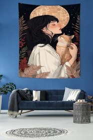 Resim Pelangi Kızın Kucağındaki Kedi Hayvan Sevgisi Leke Tutmaz Kumaş Duvar Örtüsü Duvar Halısı Tapestry PNTR518, 70 x 70 