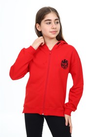 Resim Toontoy Kids Toontoy Kız Çocuk Kapüşonlu Fermuarlı Düşük Omuz Nakış Baskılı Yırtmaç Detaylı Örme Hırka - 3 İplik Şardonsuz 