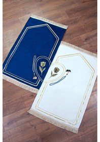 Resim Çeyizlik Eşli Çift Seccadesi, Bohçalık Kalpli Namazlık Set Mavi Krem Mavi - Krem 