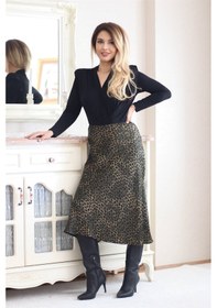 Resim Ritnice Kadın Yeşil Leopar Midi Saten Etek 