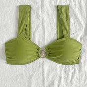Resim 1 Adet UFJUFJ Kadın Geniş Omuz Askılı, Büzgülü Detaylı ve Denizyıldızı Charm Halkalı Bağlantı Halatlı Bikini Üstü - Limon Yeşili Yüksek Esneklikli Mayo, Plaj & Havuz İçin Ön Bağlamalı, Minimalist Yüzme Kıyafeti, Pürüzsüz Dokulu 