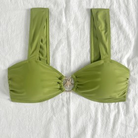 Resim 1 Adet UFJUFJ Kadın Geniş Omuz Askılı, Büzgülü Detaylı ve Denizyıldızı Charm Halkalı Bağlantı Halatlı Bikini Üstü - Limon Yeşili Yüksek Esneklikli Mayo, Plaj & Havuz İçin Ön Bağlamalı, Minimalist Yüzme Kıyafeti, Pürüzsüz Dokulu 
