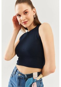 Resim Kadın Sıfır Kol Bisiklet Yaka Vücuda Oturan %100 Pamuklu Kaşkorse Esnek Crop Bluz Lacivert 