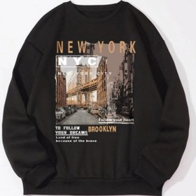 Resim Newyork Nyc Renkli Oversize Bisiklet Yaka Pamuklu Sweatshirt Siyah Siyah 