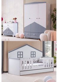 Resim Bello Çocuk Odası Takımı, Bello Yavrulu Karyola, Fethiye 3 Kapaklı Dolap, Şifonyer - Gri Renkli 