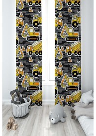 Resim Mekta Home Bebek Ve Çocuk Odası İş Makine Desenli 2 Kanat Fon Perde 