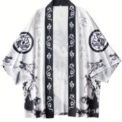 Resim Japon Tarzı Ukiyo-e Ejderha Kimono Bornoz - 3/4 Kollu Bol Kesim Günlük Banyo Bornuzu, Siyah & Beyaz Sanat Eserli, Açık Yaka Tasarımı Ev İçin, Cosplay ve Kültürel Etkinlikler, Rahatlık Giyimi, Zarif Damlalık, Esnemez Kumaş 