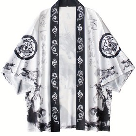 Resim Japon Tarzı Ukiyo-e Ejderha Kimono Bornoz - 3/4 Kollu Bol Kesim Günlük Banyo Bornuzu, Siyah & Beyaz Sanat Eserli, Açık Yaka Tasarımı Ev İçin, Cosplay ve Kültürel Etkinlikler, Rahatlık Giyimi, Zarif Damlalık, Esnemez Kumaş 