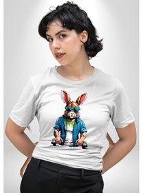 Resim Halter Spor Güneş Gözlüüğü Tavşan Unisex Unisex Beyaz Organik Baskılı T-shirt Penye Yüksek Kalite Beyaz 