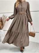 Resim Kadın Uzun Kollu Hakim Yakalı Düğmeli Kemersiz Desenli Maxi Süprem Elbise Sütlü Kahve 