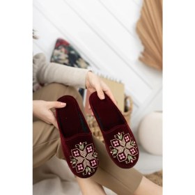 Resim Moda Fırsat Bordo Kanaviçe Kadın Ev Terliği Kışlık Kapalı Yumuşak Rahat Terlik Nakışlı Çeyiz Bohça Terliği 