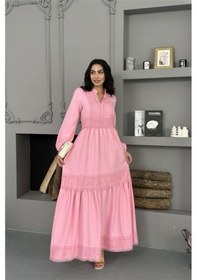 Resim Neşeli Butik Kadın Pembe Atlas Kumaş Dantel Detaylı Elbise Nbms2517 Pembe 