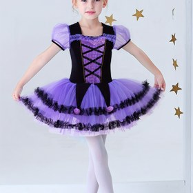Resim Kız Çocuk Şık Bale Dans Elbisesi, Parıltılı Payetli Göğüs ve Fırfırlı Tül Etek - Kısa Kabarık Kollu, Diz Boyu, Yumuşak İç Astar, Dans Parçaları ve Gösteriler İçin Rahat Kesim, Bale Elbisesi, Gösteri Kıyafeti, Kare Yaka 