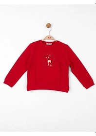 Resim Kız Çocuk Parlak Geyik Baskılı Sweatshirt-13487 Kırmızı 