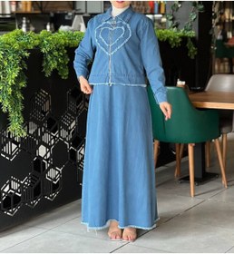 Resim Esre Store 4520 - Kalp Desen Kot Kumaş Tesettür Takım Mavi 