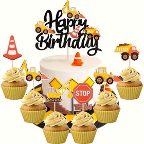 Resim 13 adet İnşaat Temalı Doğum Günü Cupcake Toppers - Gençlerin Kutlamaları için Festive Parti Süslemeleri, Durdurma İşareti, Kova Kamyonu, Kazıcı ve Traktör Tasarımları, Gençlerin Parti Süslemeleri | Festive Tema Süslemeleri | Ahşap Toppers 