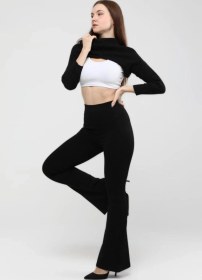 Resim Thiff Gymwear Kadın Siyah Toparlayıcı İspanyol Paça Çelik Örme Tayt SiYAH 