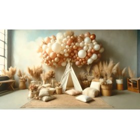Resim Venspor Vintage Boho Çadır ve Balonlu Arka Plan Bej ve Altın Balonlarla Dekore Edilmiş 200 x 150 cm Fon Duvar Örtüsü 