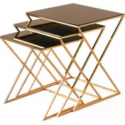 Resim Evistro Dikdörtgen Cam Zigon Sehpa 3 Lü Gold Kaplama Bronz Cam 